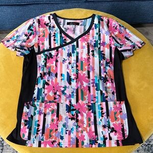 Vibrant Floral Striped Women's Scrub Top